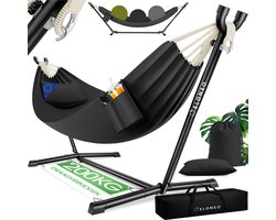ELONEO hangmat met standaard voor 2 personen – belastbaar tot 200 kg, in hoogte verstelbaar, voor binnen en buiten, inclusief kussen, draagtas en opbergtas, hammock, antraciet