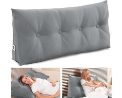 ELONEO Rugsteunkussen, Driehoekig Wigkussen en Hoofdbordkussen voor Bed en Sofa, Afneembare en Wasbare Hoes, Praktisch Zijvak - 120 cm Breed