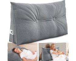 ELONEO Rugsteunkussen, Driehoekig Wigkussen en Hoofdbordkussen voor Bed en Sofa, Afneembare en Wasbare Hoes, Praktisch Zijvak - 90 cm Breed