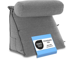 ELONEO Wigkussen - Nek- en Rugsteunkussen voor Rechtop Zitten in Bed, Lezen of op de Bank, met Zijvak en Afneembare Nekrol, Wasbare Hoes