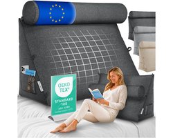 ELONEO Wigkussen - Nek- en Rugsteunkussen voor Rechtop Zitten in Bed, Lezen of op de Bank, met Zijvak en Afneembare Nekrol, Wasbare Hoes