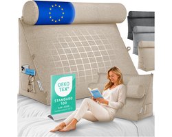 ELONEO Wigkussen - Nek- en Rugsteunkussen voor Rechtop Zitten in Bed, Lezen of op de Bank, met Zijvak en Afneembare Nekrol, Wasbare Hoes