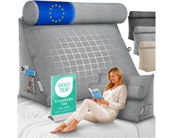ELONEO Wigkussen - Nek- en Rugsteunkussen voor Rechtop Zitten in Bed, Lezen of op de Bank, met Zijvak en Afneembare Nekrol, Wasbare Hoes