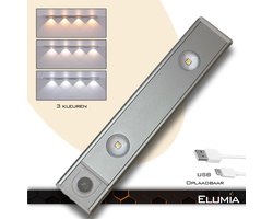 Elumia® LED lamp 20cm met bewegingssensor - 3 kleuren(warm wit, wit en koud wit) - USB - Led Verlichting met 2 krachtige LED's - Aluminium - Magnetisch - USB-oplaadbare Accu - Eenvoudige Bevestiging