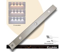 Elumia® LED lamp 40cm met bewegingssensor - 3 kleuren(warm wit, wit en koud wit) - USB - Led Verlichting met 3 krachtige LED's - Aluminium - Magnetisch - USB-oplaadbare Accu - Eenvoudige Bevestiging