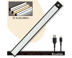 Elumia® LED lamp 80cm zwart met bewegingssensor - 3 kleuren(warm wit, wit en koud wit) - USB C - Led Verlichting met 34 LED's - Aluminium - Magnetisch - USB-oplaadbare Accu - Eenvoudige Bevestiging