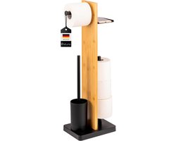 eluno Staande wc-garnituur, 4-in-1, wc-borstel, (vervanging) rolhouder, plank, bamboe/metaal (zwart)
