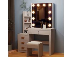 Élura Make-up Tafel met Spiegel en LED Verlichting – Kaptafel met Laden, Krukje en Opbergruimte – Moderne Witte Vanity Set 130 cm