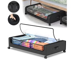 ELYSIVM Opbergbox - Opbergdoos - Kledingmand - Onder Bed Organizer - Opbergtas - Met wieltjes - Opvouwbaar - 80x43x16cm - 36L - Zwart