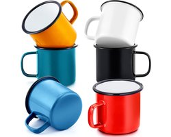 Emaille kopjes, set van 6, 350 ml, rood/zwart/blauw/groen/geel/wit, koffiekopjes, porseleinen koffiekopjes, theekopjes, set van 6, drink-/theebekerset voor camping, thuis, feest, kantoor