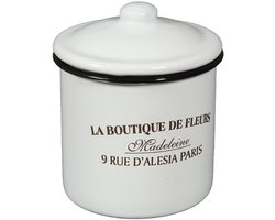 Emaille voorraad pot met deksel 0.4 L – Wit met zwarte rand – Franse vintage opdruk – Opbergpot keukendecoratie – Retro stijl – "La Boutique de Fleurs"