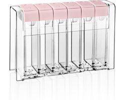 Emhouse Kruidenrek | Zesdelige set kruidenrek | Met Kruidenrek staand | Keukenkast organizer | Rek voor kruiden | Kruidenpotjes | Transparant | Roze deksel