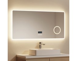 EMKE Badkamerspiegel - Anti Condens - Bluetooth Speaker - Tijd & Temp. - 3 Lichtkleuren Dimbaar - 3x Vergroting - 100x60 cm