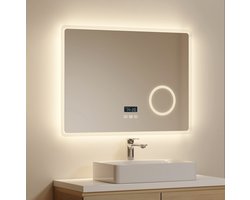 EMKE Badkamerspiegel - Anti Condens - Bluetooth Speaker - Tijd & Temp. - 3 Lichtkleuren Dimbaar - 3x Vergroting - 80x60 cm