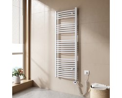 EMKE Elektrische Handdoekradiator - Met LCD Thermostaat - Glanzend Wit - 140x50 cm - 600W - Badkamer Radiator - Gebogen Buis
