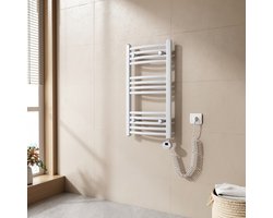 EMKE Elektrische Handdoekradiator - Met LCD Thermostaat - Glanzend Wit - 75x40 cm - 250W - Badkamer Radiator - Gebogen Buis