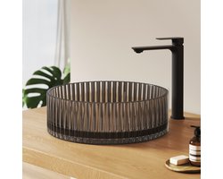 EMKE Glazen Waskom - Met Ribbels - Gehard Kristalglas - Binnen Glad - Modern & Stijlvol - Ø40 cm - Zwart