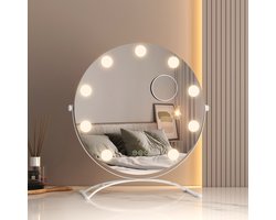 EMKE Make Up Spiegel met Verlichting - 360° Draaibaar - 3 Lichtstanden - Touch & Dimbaar - 7x Vergroting - Rond - Wit - 40cm