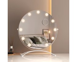 EMKE Make Up Spiegel met Verlichting - 360° Draaibaar - 3 Lichtstanden - Touch & Dimbaar - 7x Vergroting - Rond - Wit - 50cm