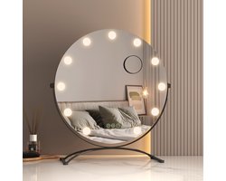 EMKE Make Up Spiegel met Verlichting - 360° Draaibaar - 3 Lichtstanden - Touch & Dimbaar - 7x Vergroting - Rond - Zwart - 50cm