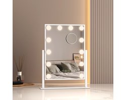 EMKE Make Up Spiegel met Verlichting - 360° Draaibaar - 3 Lichtstanden - Touch & Dimbaar - 7x Vergroting - Verticaal - Wit - 47.5x36.5cm
