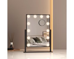 EMKE Make Up Spiegel met Verlichting - 360° Draaibaar - 3 Lichtstanden - Touch & Dimbaar - 7x Vergroting - Verticaal - Zwart - 47.5x36.5cm