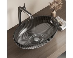 EMKE Wastafel - Gehard Glas - Ovaal - Waskom Opbouw - Luxe Uiterlijk - Badkamer - 51x35x15 cm - Zwart