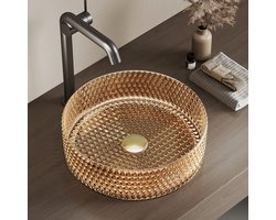 EMKE Wastafel - Gehard Glas - Rond - Waskom Opbouw - Luxe Uiterlijk - Badkamer - Ø 36x11 cm - Roségoud