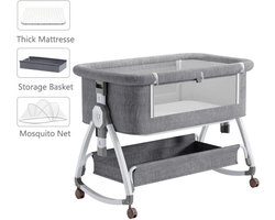 EML STORE Babybed - Baby bed co sleeper - Babybed met matras - Ledikant - Hoogte verstelbaar - Opvouwbaar - Klamboe - Wiegen - Grijs