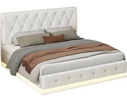 EML STORE Opklapbed Boxpring Bedframe - Gestoffeerd Bed - Hydraulisch - 140x200 cm - LED-verlichting - Opbergruimte - Lattenbodem