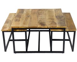 Emma | Bijzettafel 3er Set | Zwart | Gerecycled mango hout en metaal | 70x33x40/34 cm | bijzettafel | bijzettafel buiten | bijzettafel industrieel | salontafel | klein bijzettafeltje | Wood Selections