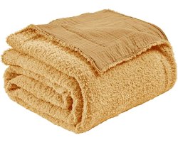EMME Geweven Muslin Deken Katoen & Fleece Bankdeken Bedsprei, 150x200, Zachte Deken voor Bank Zachte Lichtgewicht Ademende Deken, Beige