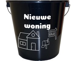 Emmer - 5 liter - zwart - met tekst: Nieuwe woning – Cadeau – Geschenk – Gift – Kado – Surprise