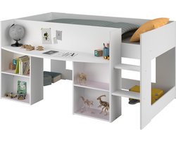 EMOB - Halfhoogslaper Rue 90x200 met bureau - wit/grijs of wit/roze - Parisot - Kinderbedden met uitvalbeveiliging - Wit - Spaanplaat - Kinderbedden met uitvalbeveiliging - Eenpersoons - Halfhoogslaper - Op voorraad