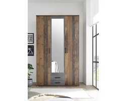 EMOB - Kledingkast Ellis 120cm met 3 deuren 2 lades & spiegel - old style/beton - Emob - Slaapkamerkasten - Bruin - Spiegel; Spaanplaat - Slaapkamerkasten - Op voorraad