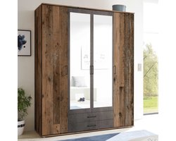 EMOB - Kledingkast Ellis 160cm met 4 deuren 2 lades & spiegel - old style/beton - Emob - Slaapkamerkasten - Bruin - Spiegel; Spaanplaat - Slaapkamerkasten - Op voorraad