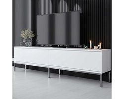 EMOB - Modern tv-meubel: Woody Mode | Metalen Poten | Wit/Zilver | 100% Melamine | 18mm - Emob - Woonkamerkasten - Wit - Melamine; MDF - Woonkamerkasten - Op voorraad