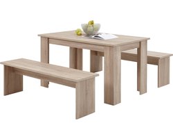 EMOB - Set eettafel + 2 banken Mundo - eik - FMD - Eettafels outlet - Bruin - Spaanplaat - Eettafels outlet - Op voorraad