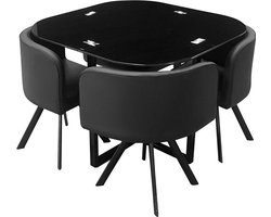 EMOB - Tafelset Kanna, 4 stoelen - zwart - Poldimar - Glazen eettafels - Zwart - Schuim; PVC; Metaal; Glas - Glazen eettafels - Op voorraad