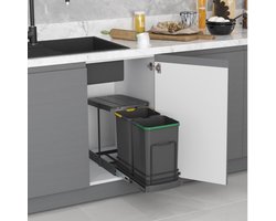 Emuca Afvalbak 2x12 Liter – Inbouw Prullenbak – Uittrekbare afvalemmer – Geschikt voor deurbreedte 28 cm, inbouwdiepte 46 cm & Kasthoogte 42 cm – Antraciet