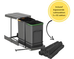 Emuca Afvalbak 2x12 Liter – Inbouw Prullenbak – Uittrekbare afvalemmer – Geschikt voor deurbreedte 28 cm, inbouwdiepte 46 cm & Kasthoogte 42 cm – Met 5 x 50 afvalzakken -Antraciet