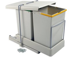 Emuca Inbouw Prullenbak - 2 x 14 L - Afvalemmer - Afvalbak - 2 Containers - Geschikt voor 400 mm Kastbreedte - Uitschuifbaar - Grijs