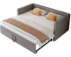 Emvae Slaapbank - Opklapbed - Bedbank - Uitschuifbed - 90/180x200 cm - Fluweel - Lichtgrijs - Hout en Metaal - Zonder Matras
