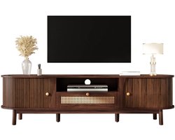Emvae TV meubel - TV kast - Schuifdeuren - Rotan lade -Walnoothout - Scandinavisch - Japandi - 165 x 37 x 46 cm - MDF en spaanplaat - Walnootbruin