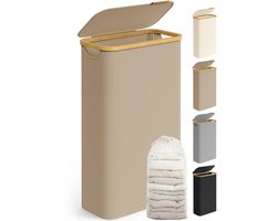 Emvae Wasmand - Smalle Wasbox met Deksel en Uitneembare Waszak - Compact - 65L - Oxford Stof/Bamboe - Beige