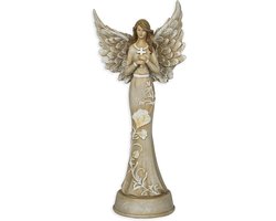 Engel Beeldje - Decoratieve Figuur - Woonkamer Decoratie - Verouderde Bloem Gravures - 11 Inch Hoog - Beige