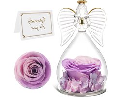 Engel van Glas - Eeuwige Bloem - Cadeau Geven - Handgemaakt - 8 x 8 x 14 cm - Paars Roze