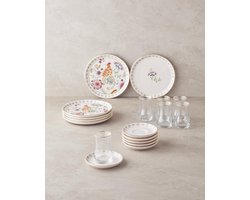 English Home Angelo Seramik Gebakset 18-delig – 6 Personen – Dessertborden Set met Bloemenmotief – Multicolor – Vaatwasserbestendig