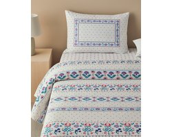 English Home Folk Stripes- Deken - Zomerdekenset - Luxe Uitvoering- Incl. laken 160x240 -Flat sheet - Incl. 1 Kussensloop - 100% Katoen - Een Persoons - 150x220 cm - Blauw / Roze