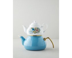 English Home Lively Porseleinen Emaille Theepot Set 0,85L + 2,2L – Blauw – Theepot met Ketel – Vaatwasserbestendig